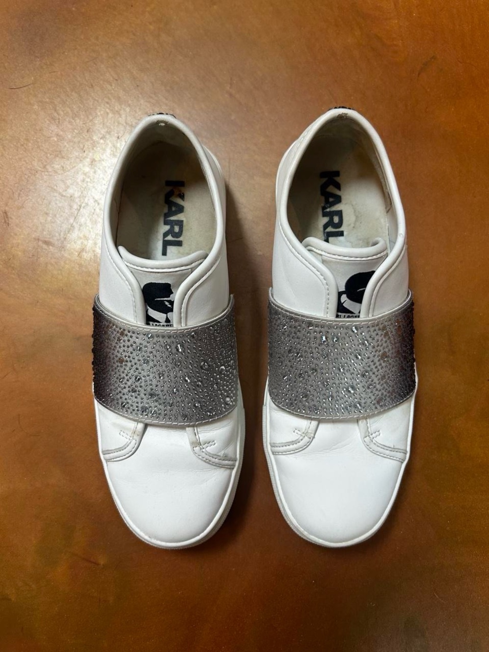 Karl White womans Slip-On Sneakers with Silver Embellished Strap